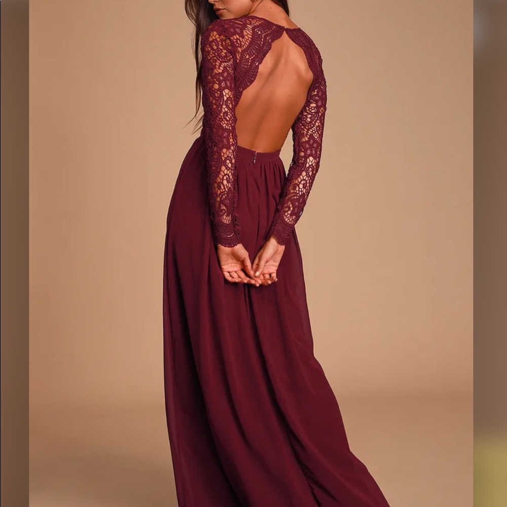 Awaken My Love Burgundy Long Sleeve Lace Maxi Dress